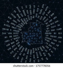 Mauritania digital map. Binary rays radiating around glowing country. Internet connections and data exchange design. Vector illutration.