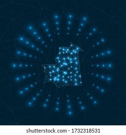 Digitale Karte Mauretaniens. Strahlende Strahlen aus dem Land. Netzanschlüsse und Telekommunikation. Vector-Abbildung.