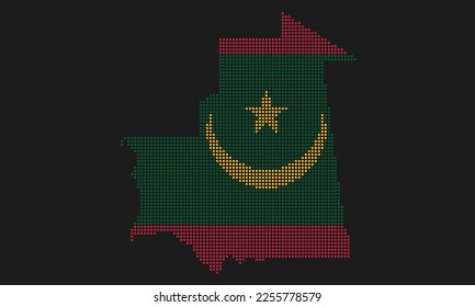 Bandera del mapa con puntos de Mauritania con textura gruesa en el estilo de los puntos mosaicos. Ilustración de vector píxel abstracto de un mapa de país con efecto de semitono para infografía. 