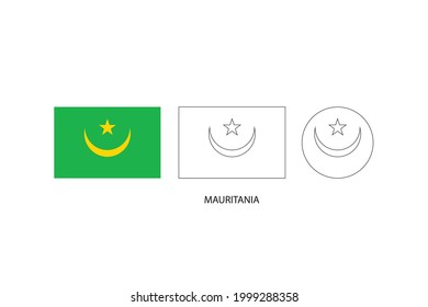 Mauretanien Flag 3 Versionen, Vektorgrafik, dünne schwarze Linie des Rechtecks und der Kreis auf weißem Hintergrund.