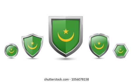 Mauritania flag badges - silver shape shield circle hexagon - vector illustration