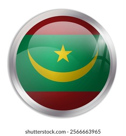 Mauritania flag - glossy circle button displays a colorful flag representing a country cultural identity and heritage. The essence of national pride and unity.