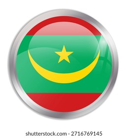Bandera de Mauritania - Botón circular brillante en marco de metal muestra una bandera colorida de una identidad cultural y patrimonio del país. La esencia del orgullo y la unidad nacional.