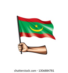 Mauritania flag and hand on white background. Vector illustration