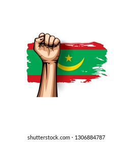 Mauritania flag and hand on white background. Vector illustration