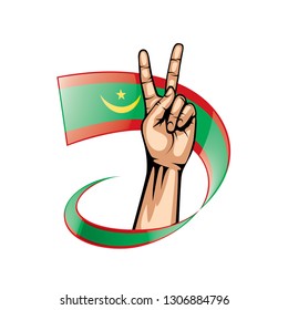 Mauritania flag and hand on white background. Vector illustration