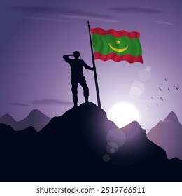 Mauritania Flag hoisted on a mountain peak with a purplish sunset in the background, vector illustration