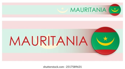 Bandeira da Mauritânia horizontal web banner em estilo neomorfismo moderno. Página Web Botão do cabeçalho do país Mauritânia para aplicação móvel ou site da Internet. Vetor
