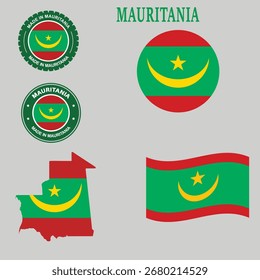 Mauritania Flag and Map Combined Graphics Set, Complete Mauritania Identity Pack (Flag + Map). Educational Mauritania Flag  Map Resources, Vector Bundle of Mauritania Map and Flag