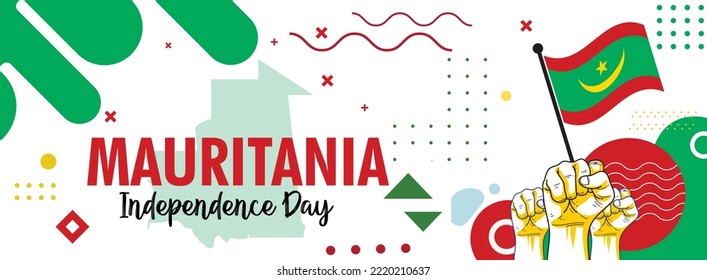 mauritania Flag and map of mauritania with raised fists. National day or Independence day design for mauritania celebration. Modern retro design with abstract icons. Vector illustration