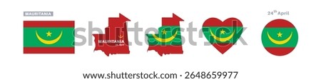 mauritania flag and map set. mauritania flag in official colors and proportions. independence day 24 april , map, circle and heart shaped mauritania