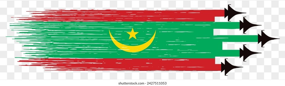 Mauritania flag with military fighter jets isolated background. vector illustration