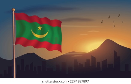 Mauritania flag with mountains and morning sun in the background