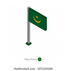 Mauritania Flag on Flagpole in Isometric dimension. Isometric blue background. Vector illustration.