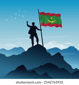 Mauritania Flag raised on a mountain peak with clear sky in the background, vector illustration