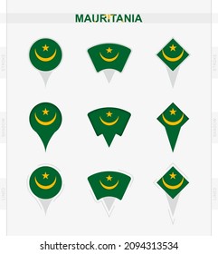 Mauritania flag, set of location pin icons of Mauritania flag. Vector illustration of national symbols.