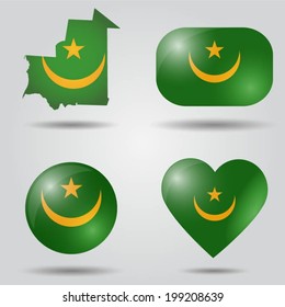 Mauritania flag set in map, oval, circular and heart shape.