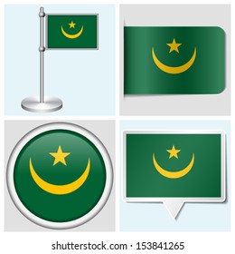 Mauritania flag - set of various sticker, button, label and flagstaff