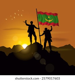 Mauritania flag, silhouette of two climbers holding flags at sunset