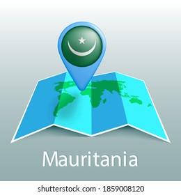 Mapa del mundo de la bandera de Mauritania en pin con el nombre del país