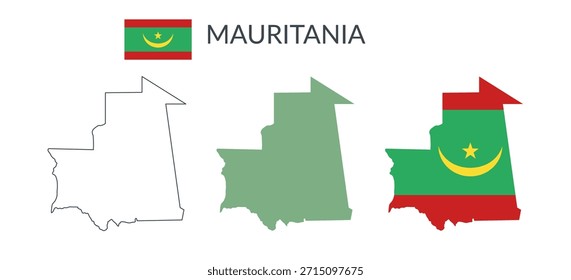 Fronteiras geográficas da Mauritânia isoladas sobre fundo branco. Bandeira da Mauritânia. Cliparts planas vetoriais.