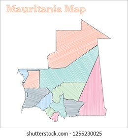 Mauritania hand-drawn map. Colourful sketchy country outline. Sublime Mauritania map with provinces. Vector illustration.