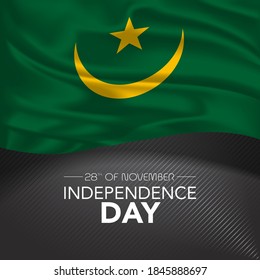 Mauritania happy independence day greeting card, banner, vector illustration. Mauritanian memorial holiday 28th of November design element with realistic flag with crescent, square format