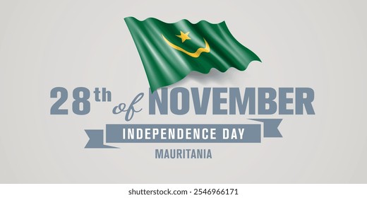 Tarjeta de felicitación del día de la independencia de Mauritania feliz, Ilustración vectorial de Anuncio. Fiesta nacional mauritana 28 de noviembre elemento de diseño con bandera realista