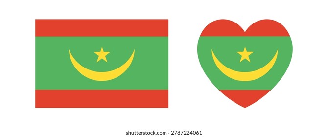 Mauritania heart, rectangular Flag icon, sticker set. Mauritanian flag square, heart button, banner, badge. Heart, rectangle Mauritania flag emblem, background, sign.