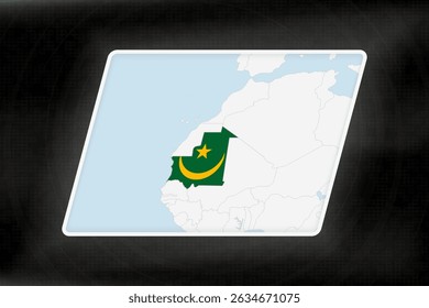 Mauritania Highlighted in Flag Colors on Geographic Map. Modern Map on a dark abstract backdrop.