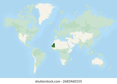 Mauritania Highlighted on World Map with National Flag. Vector world map with Mauritania highlighted using its national flag.