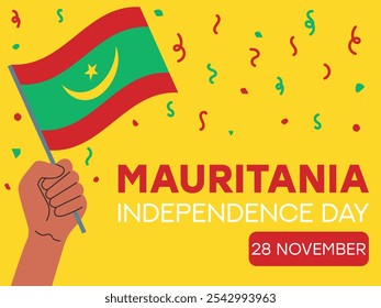 28 de noviembre, Día de la Independencia de Mauritania, bandera de Mauritania en mano. Tarjeta de felicitación, cartel, Plantilla de Anuncio	