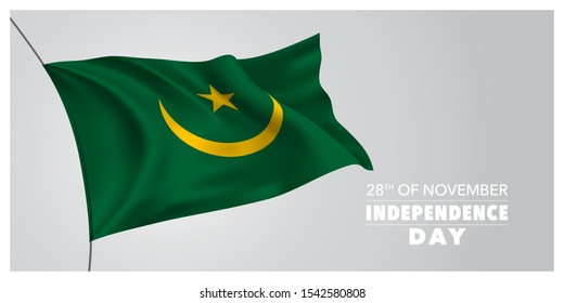 Mauritania independence day greeting card, banner, horizontal vector illustration. Mauritanian holiday 28th of November design element with waving flag as a symbol of independence 