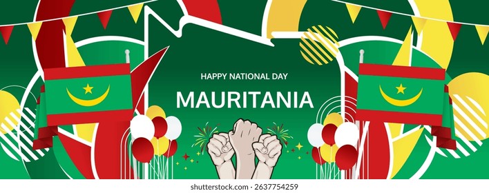 Mauritania Independence Day modern greeting banner. 28 November Happy National Day. Festive horizontal background with flag colors, great for carnival poster, tourism campaign, holidays flash sale
