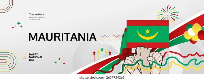 Mauritania Independence Day modern greeting banner. 28 November Happy National Day. Festive horizontal background with flag colors, great for carnival poster, tourism campaign, holidays flash sale