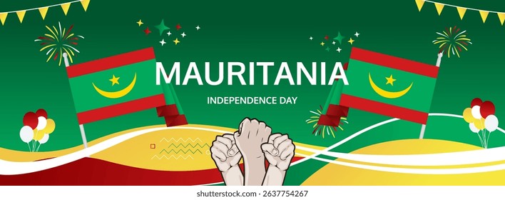 Mauritania Independence Day modern greeting banner. 28 November Happy National Day. Festive horizontal background with flag colors, great for carnival poster, tourism campaign, holidays flash sale