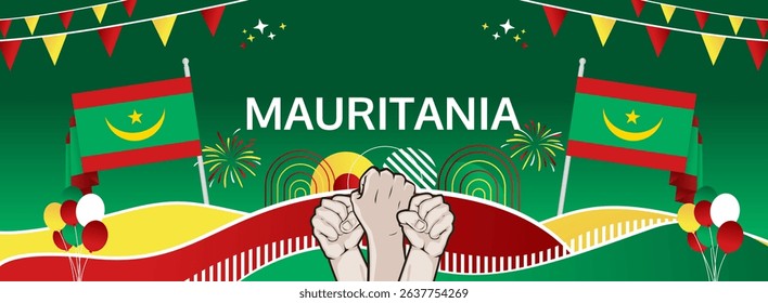Mauritania Independence Day modern greeting banner. 28 November Happy National Day. Festive horizontal background with flag colors, great for carnival poster, tourism campaign, holidays flash sale