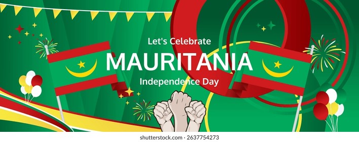 Mauritania Independence Day modern greeting banner. 28 November Happy National Day. Festive horizontal background with flag colors, great for carnival poster, tourism campaign, holidays flash sale