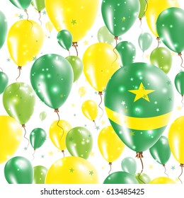 Mauritania Independence Day Seamless Pattern. Flying Rubber Balloons in Colors of the Mauritanian Flag. Happy Mauritania Day Patriotic Card with Balloons, Stars and Sparkles.
