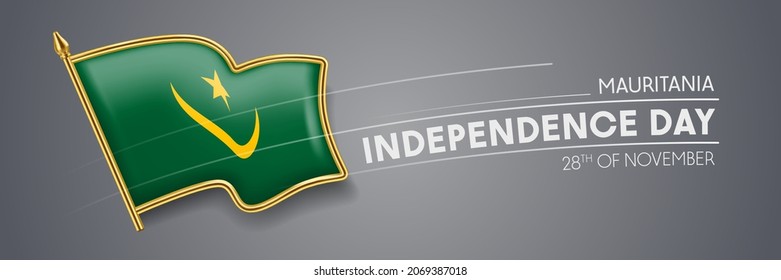 Mauritania independence day vector banner, greeting card. Mauritanian wavy flag in 28th of November patriotic holiday horizontal design with realistic badge