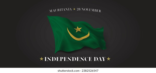 Mauritania independence day vector banner, greeting card. Mauritanian wavy flag in 28th of November patriotic holiday horizontal design with realistic flag
