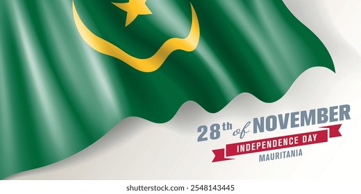 Anuncio de Vector del día de la independencia de Mauritania, tarjeta de felicitación. Bandera ondulada mauritana en el diseño Horizontal de la fiesta patriótica nacional del 28 de noviembre