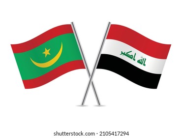 Mauritania and Iraq crossed flags. Mauritanian and Iraqi flags isolated on white background. Vector illustration.