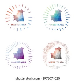 Mauritania low poly sunburst set. Logo of country in geometric polygonal style. Vector illustration.