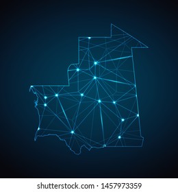 Mauritania Map - Abstract geometric mesh polygonal network line, structure and point scales on dark background with lights in the form of cities. Vector illustration eps 10.