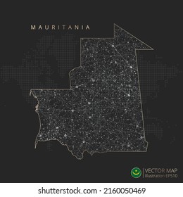 Mauritania map abstract geometric mesh polygonal light concept with black and white glowing contour lines countries and dots on dark background. Vector illustration.