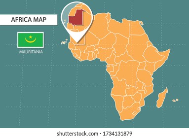 Mauritania map in  Africa zoom version, icons showing Mauritania location and flags.