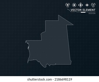 Mapa de Mauritania del marco digital negro HUD, GUI, interfaz de interfaz de interfaz de usuario vector de radar.