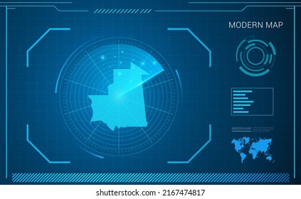 Mapa de Mauritania del vector de radar de tecnología de marco digital azul HUD, GUI, interfaz de interfaz de usuario.