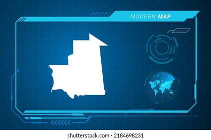Mapa de Mauritania del marco digital azul HUD, GUI, interfaz de interfaz de interfaz de usuario vector de radar.